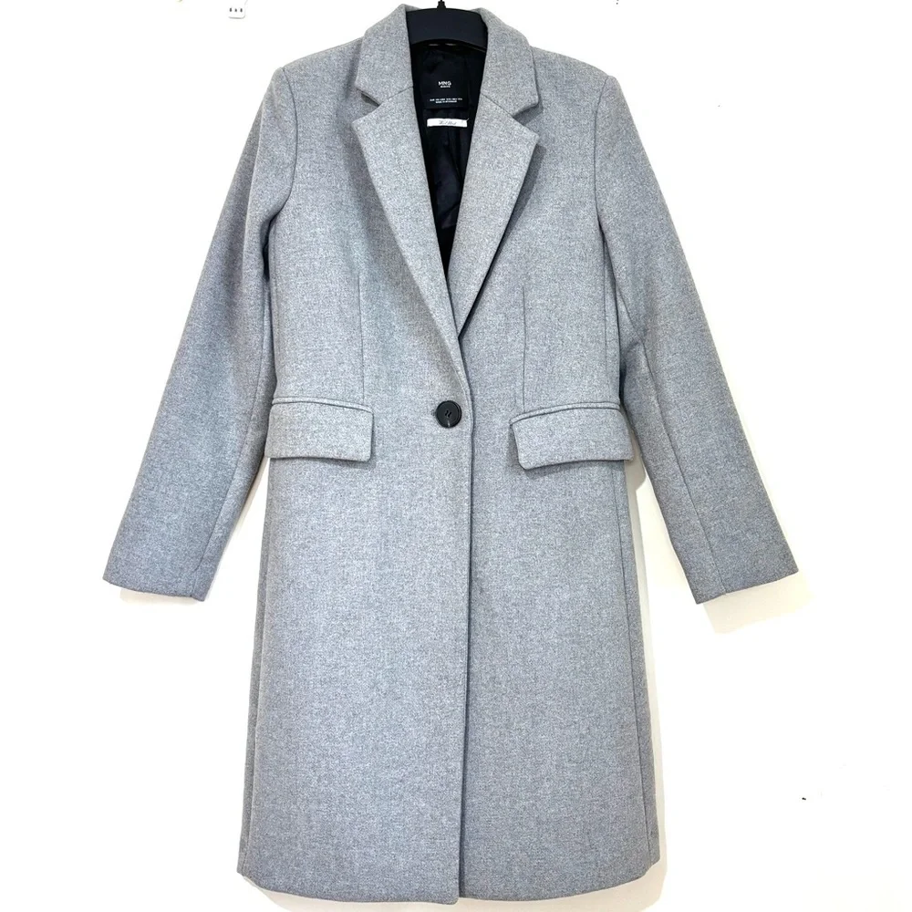 Mango MNG heather gray wool blend one button business classic tailored pea coat